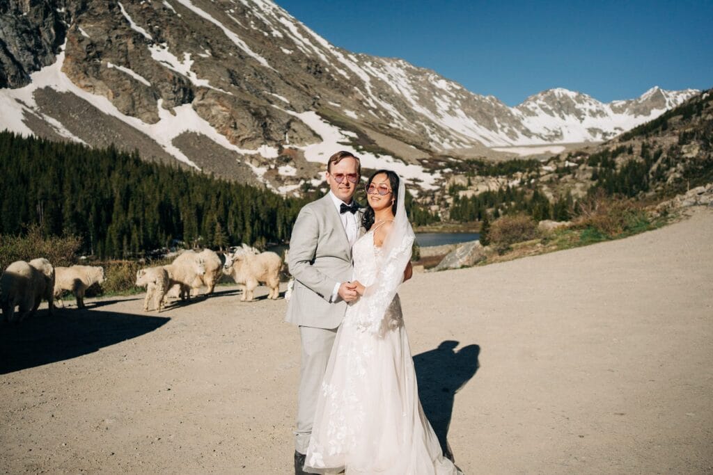 bride and groom smiling at the camera with mountain goats in the background during their breckenridge elopement