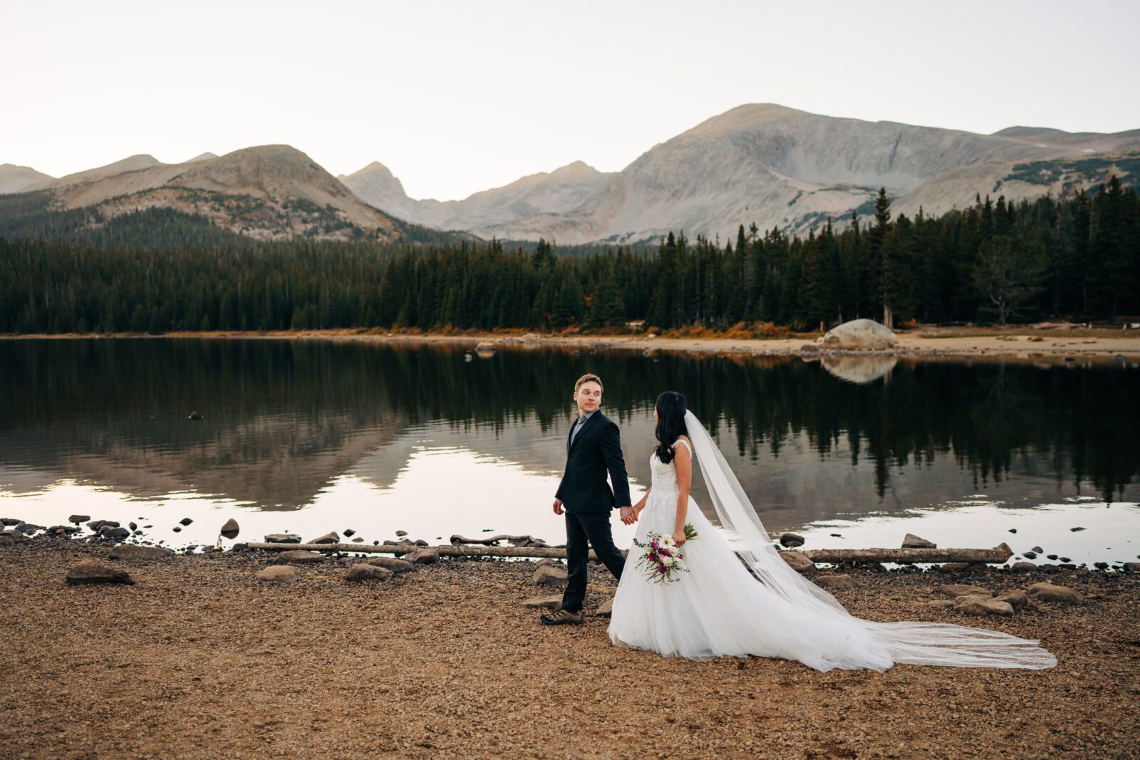 A bride and groom stand hand in hand on a lakeshore, facing away from the camera, with mountains, trees, and their reflection in the calm water behind them. The bride holds a bouquet and wears a long white gown with a veil.