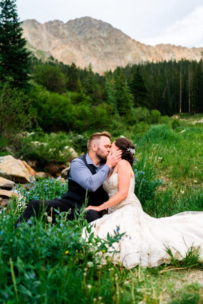A bride and groom sit in a lush, green mountain meadow, sharing a kiss. The bride wears a white lace dress, and the groom wears a vest and shirt. Pine trees and rocky mountains rise in the background.