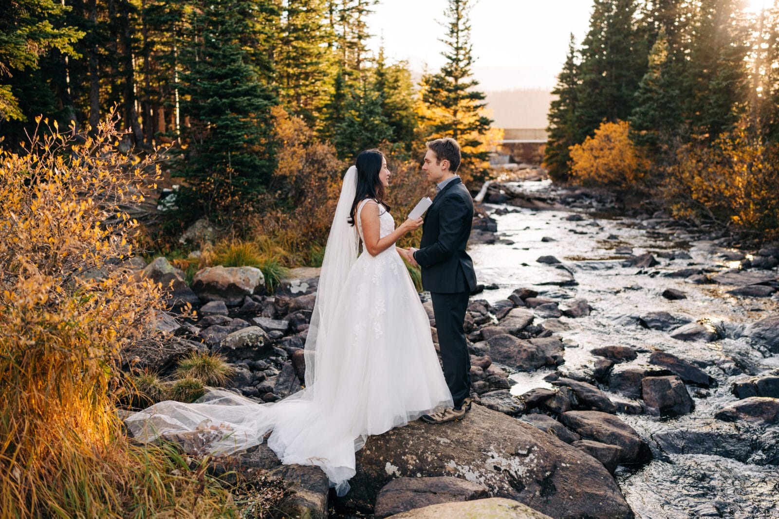 A bride and groom stand on rocks by a flowing creek in a forest, holding hands and facing each other. The bride wears a white gown with a long veil; autumn trees and golden sunlight create a romantic outdoor setting.