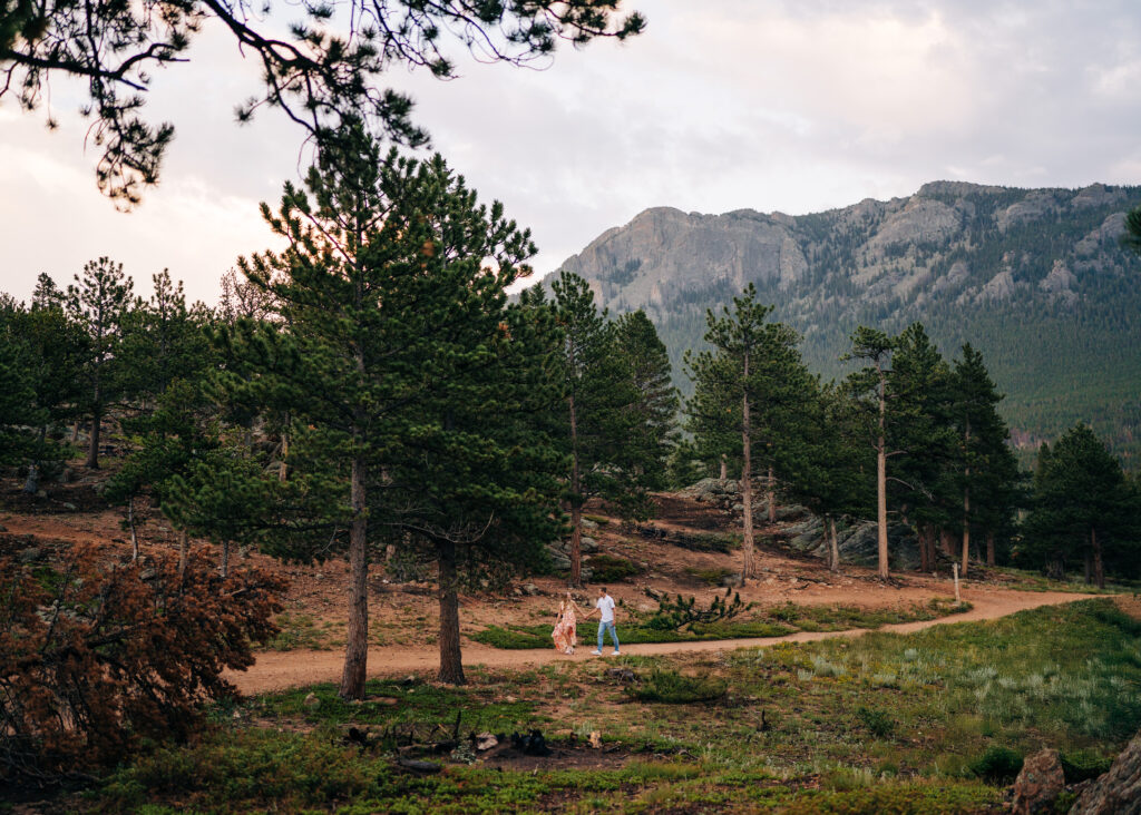 engaged couple walking down a forest trail together in rocky mountain national park during their lily lake engagement photos