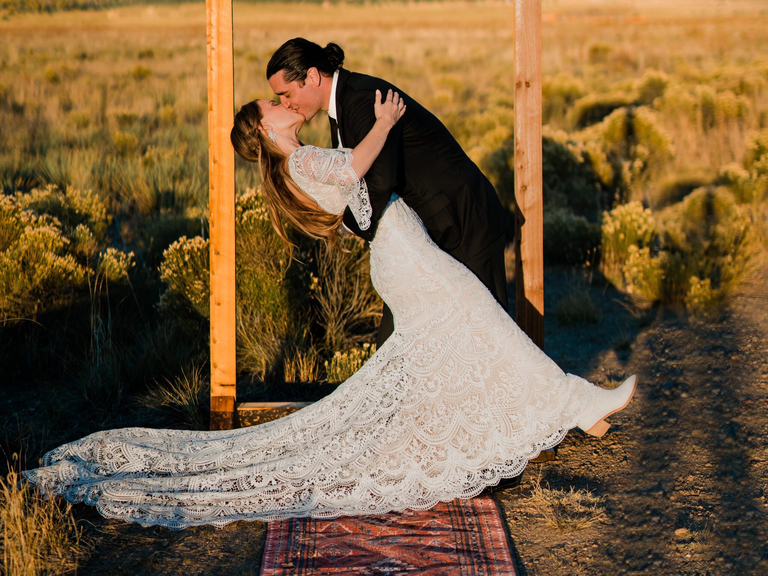 groom dipping the bride during their first kiss during their colorado springs elopement