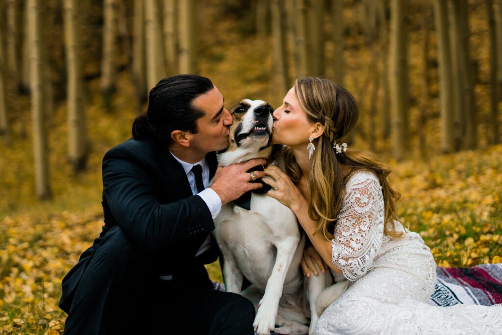 bride and groom kissing their dog on the cheek