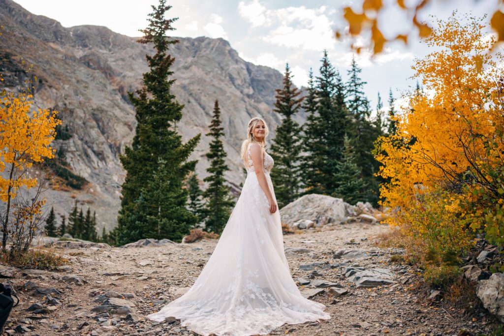 Solo bride portrait in the mountains of Colorado during her Breckenridge elopement