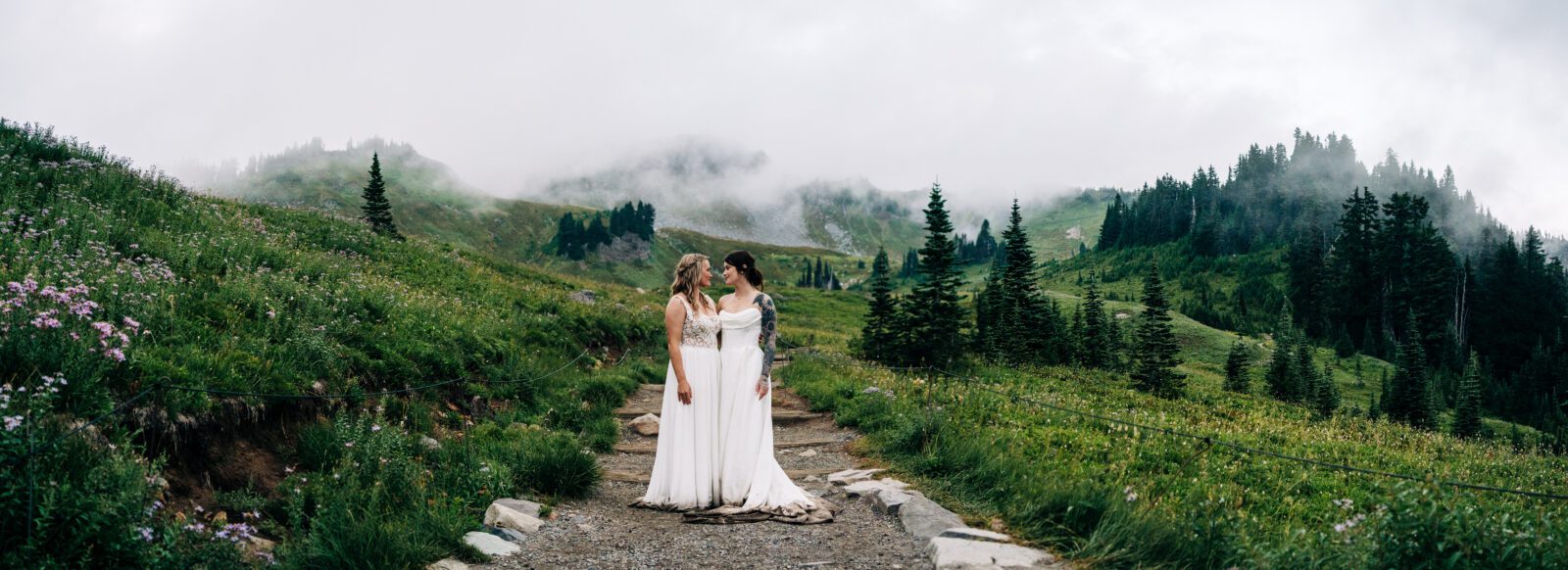 bride holding hands and hanging out in mt rainier national park during their washington elopement