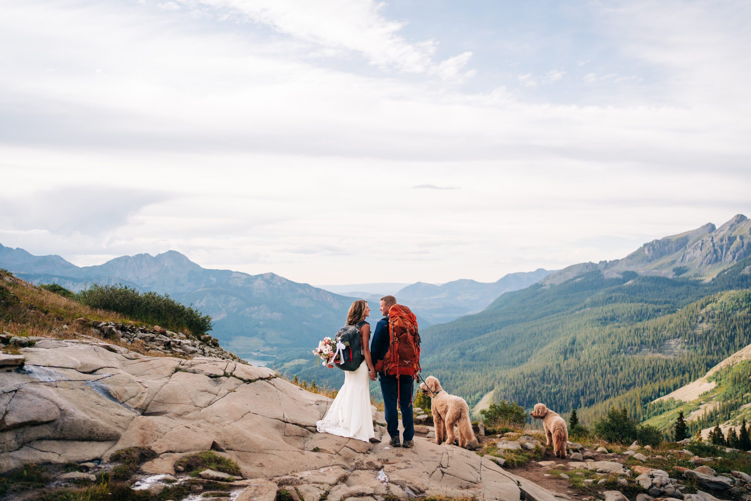 bride and groom holding hands staring out at a mountain valley during their Telluride elopement at Hope Lake